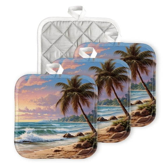 Bahomeck Pot Holder 4Pcs,Beach With Palm Trees And Waves In The Sunset Background Square Heat Resistant Hot Pads For Kitchen Cooking Oven With Hanging Loop Potholder Easy To Store