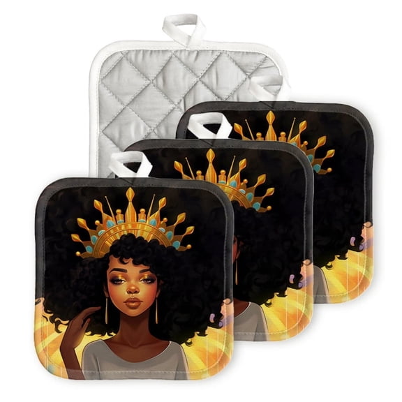 BaHomeck Pot Holders 4pcs dacron Made Square heat-resisting mat Machine Washable for Kitchen Oven Hot Pads 6.7inch*6.7inch,Beautiful Black Woman With Large Afro Wearing Golden Crown
