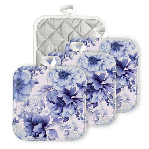Bahomeck Pot Holder 4Pcs,Beautiful Blue And White Floral Pattern Square Heat Resistant Hot Pads For Kitchen Cooking Oven With Hanging Loop Potholder Easy To Store