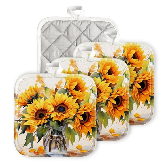 Bahomeck Pot Holder 4Pcs,Beautiful Bouquet Of Sunflowers In Glass Vase Square Heat Resistant Hot Pads For Kitchen Cooking Oven With Hanging Loop Potholder Easy To Store