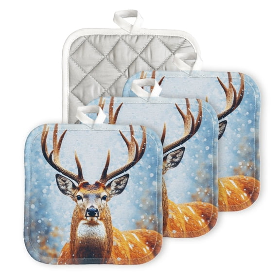 Bahomeck Pot Holder 4Pcs,Beautiful Deer Against The Backdrop Of Winter Forest Square Heat Resistant Hot Pads For Kitchen Cooking Oven With Hanging Loop Potholder Easy To Store