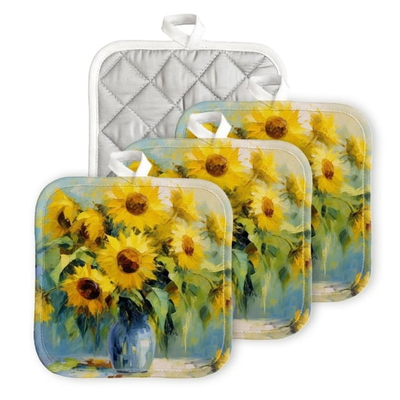 Bahomeck Pot Holder 4Pcs,Beautiful Painting Of Sunflowers In Vase Square Heat Resistant Hot Pads For Kitchen Cooking Oven With Hanging Loop Potholder Easy To Store