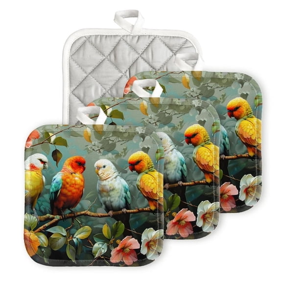 Bahomeck Pot Holder 4Pcs,Beautiful Parrots Sitting On The Branches Of Flowers Square Heat Resistant Hot Pads For Kitchen Cooking Oven With Hanging Loop Potholder Easy To Store