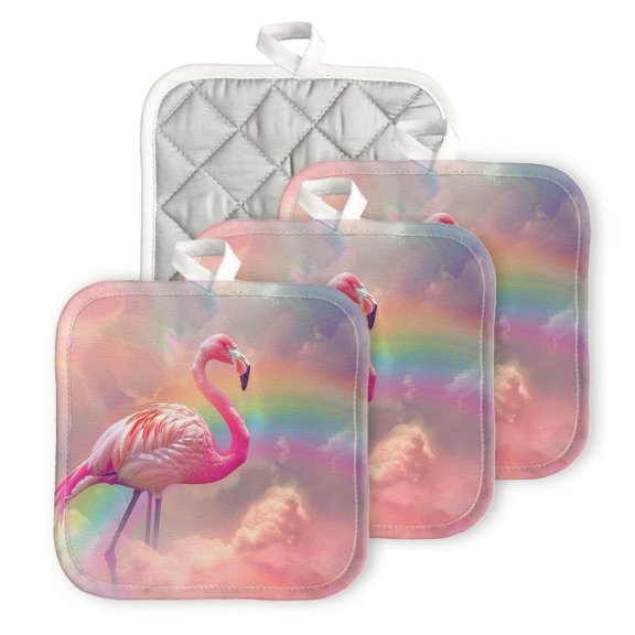 Bahomeck Pot Holder 4Pcs,Beautiful Pink Flamingo Standing On Rainbow Square Heat Resistant Hot Pads For Kitchen Cooking Oven With Hanging Loop Potholder Easy To Store