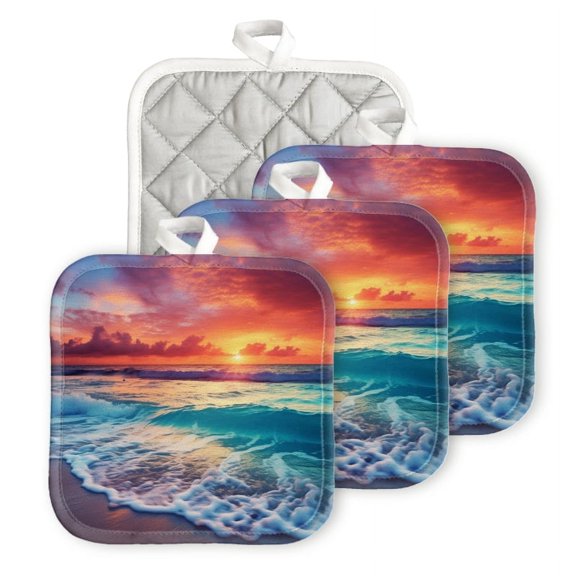 Bahomeck Pot Holder 4Pcs,Beautiful Sunset Over The Ocean With Waves And Beach Square Heat Resistant Hot Pads For Kitchen Cooking Oven With Hanging Loop Potholder Easy To Store