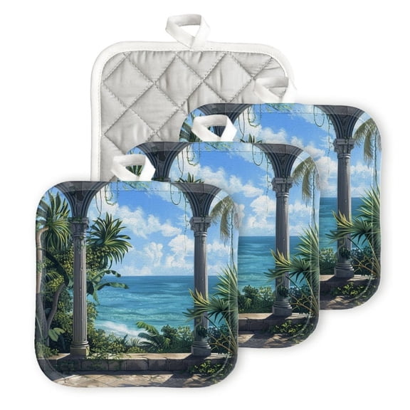 Bahomeck Pot Holder 4Pcs,Beautiful Tropical Garden With Columns And Arches Overlooking The Ocean Square Heat Resistant Hot Pads For Kitchen Cooking Oven With Hanging Loop Potholder Easy To Store