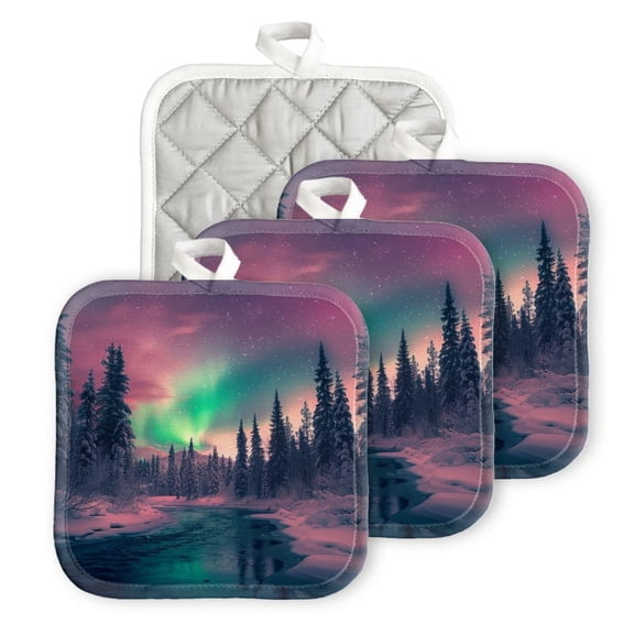 Bahomeck Pot Holder 4Pcs,Beautiful Winter Landscape With Pine Trees Covered In Snow Square Heat Resistant Hot Pads For Kitchen Cooking Oven With Hanging Loop Potholder Easy To Store