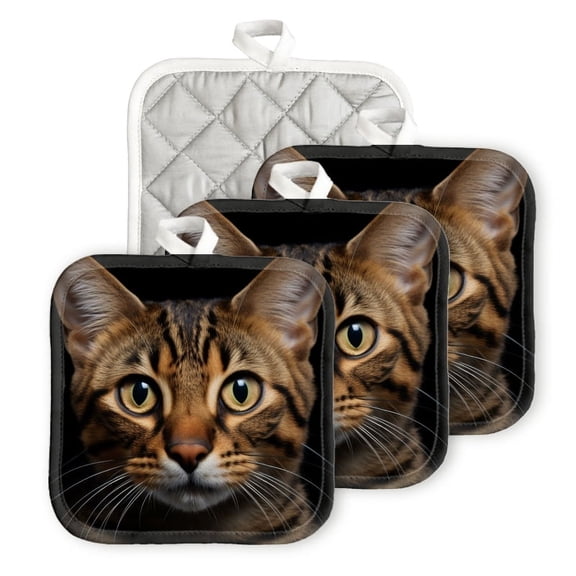 Bahomeck Pot Holder 4Pcs,Bengal Cat Isolated On Black Background Square Heat Resistant Hot Pads For Kitchen Cooking Oven With Hanging Loop Potholder Easy To Store