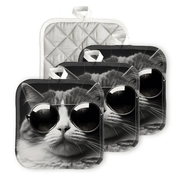 Bahomeck Pot Holder 4Pcs,Black-And-White Photograph Of Cool Cat Wearing Sunglasses Square Heat Resistant Hot Pads For Kitchen Cooking Oven With Hanging Loop Potholder Easy To Store