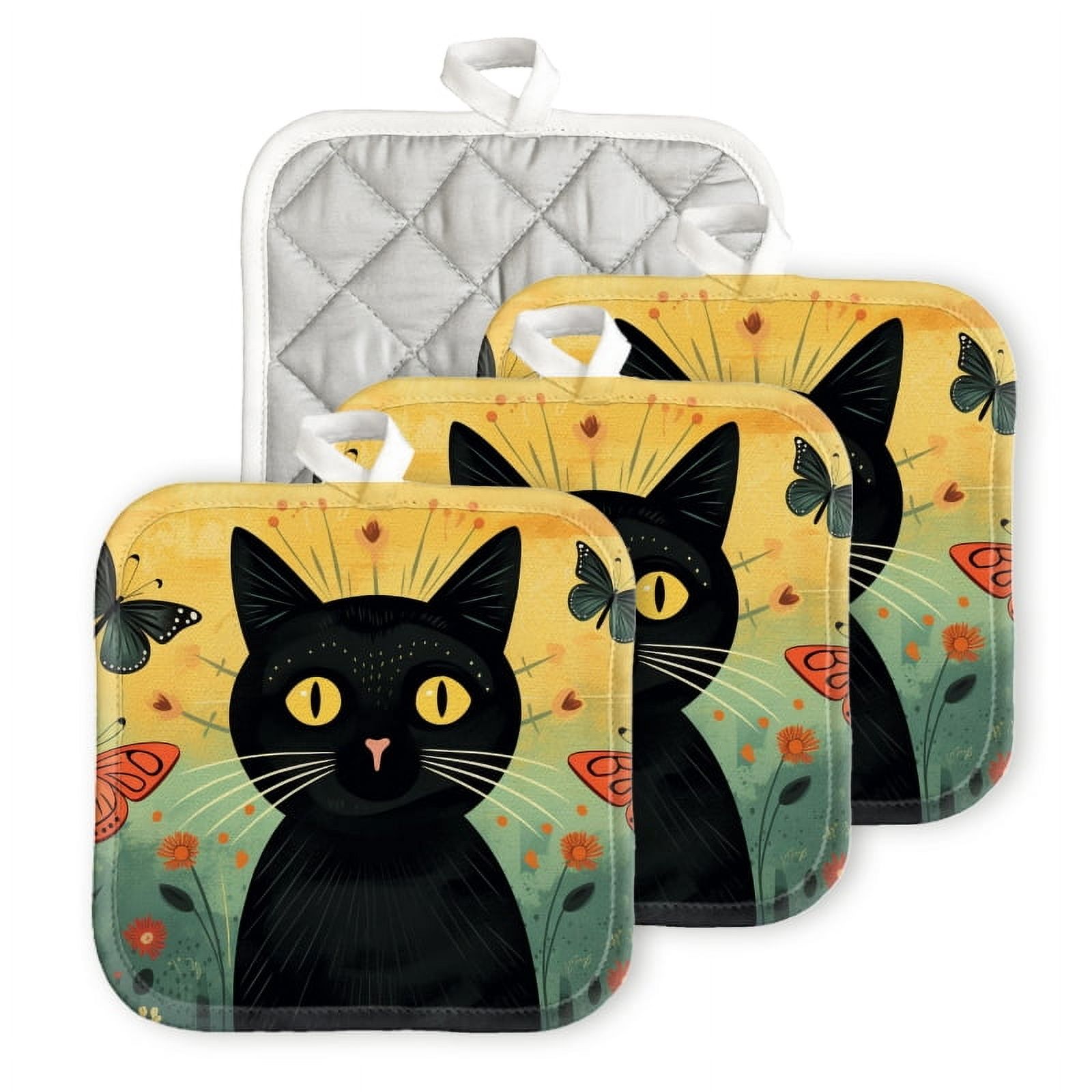 Bahomeck Pot Holder 4Pcs,Black Cat Surrounded By Butterflies Square ...