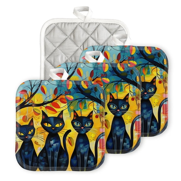 BaHomeck Pot Holders 4pcs dacron Made Square heat-resisting mat Machine Washable for Kitchen Oven Hot Pads 6.7inch*6.7inch,Black Cats Sitting In Tree With Yellow Eyes