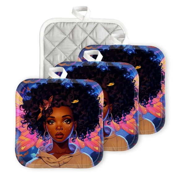 Bahomeck Pot Holder 4Pcs,Black Woman With Curly Hair Adorned In Vibrant Butterfly Wings Square Heat Resistant Hot Pads For Kitchen Cooking Oven With Hanging Loop Potholder Easy To Store