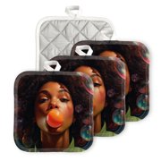 Bahomeck Pot Holder 4Pcs,Black Woman With Curly Hair Blowing Large Orange Bubble Gum Square Heat Resistant Hot Pads For Kitchen Cooking Oven With Hanging Loop Potholder Easy To Store