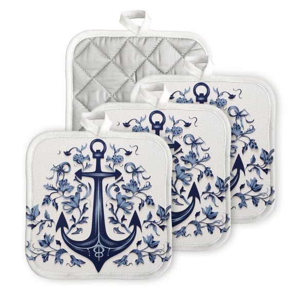 Bahomeck Pot Holder 4Pcs,Blue Anchor With Floral Designs Surrounding It Square Heat Resistant Hot Pads For Kitchen Cooking Oven With Hanging Loop Potholder Easy To Store