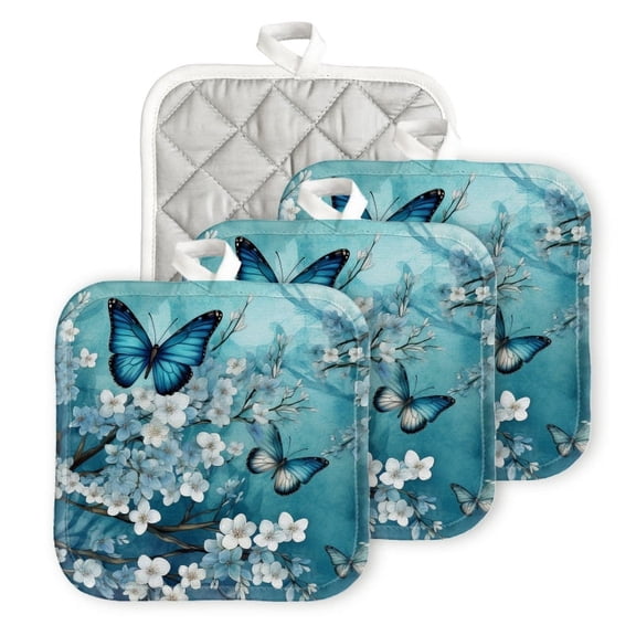Bahomeck Pot Holder 4Pcs,Blue Butterfly On Blossom Plum Branch Square Heat Resistant Hot Pads For Kitchen Cooking Oven With Hanging Loop Potholder Easy To Store