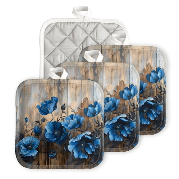 Bahomeck Pot Holder 4Pcs,Blue Poppies On Wooden Square Heat Resistant Hot Pads For Kitchen Cooking Oven With Hanging Loop Potholder Easy To Store