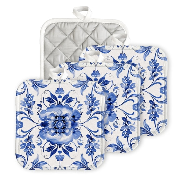 Bahomeck Pot Holder 4Pcs,Blue And White Porcelain Pattern With Floral Motifs (2) Square Heat Resistant Hot Pads For Kitchen Cooking Oven With Hanging Loop Potholder Easy To Store