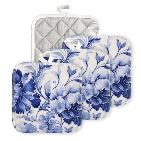 Bahomeck Pot Holder 4Pcs,Blue And White Porcelain-Style Floral Pattern (2) Square Heat Resistant Hot Pads For Kitchen Cooking Oven With Hanging Loop Potholder Easy To Store