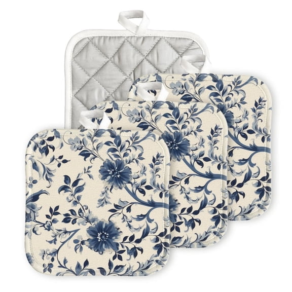 Bahomeck Pot Holder 4Pcs,Blue And White Porcelain-Style Floral Pattern With Large Flowers Square Heat Resistant Hot Pads For Kitchen Cooking Oven With Hanging Loop Potholder Easy To Store