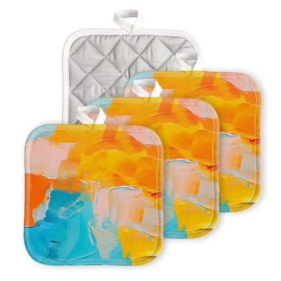 Bahomeck Pot Holder 4Pcs,Blue And Yellow Oil Painting Square Heat Resistant Hot Pads For Kitchen Cooking Oven With Hanging Loop Potholder Easy To Store