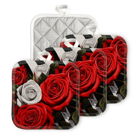 Bahomeck Pot Holder 4Pcs,Bouquet Of Red And White Roses On Black Striped Background Square Heat Resistant Hot Pads For Kitchen Cooking Oven With Hanging Loop Potholder Easy To Store