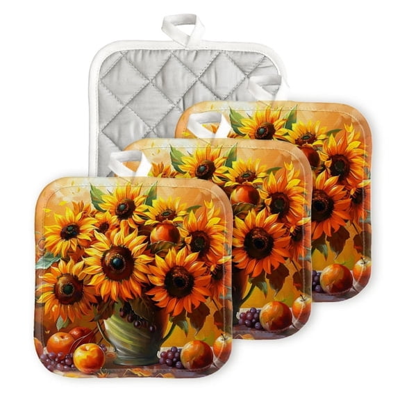 Bahomeck Pot Holder 4Pcs,Bouquet Of Sunflowers In Elegant Vase Square Heat Resistant Hot Pads For Kitchen Cooking Oven With Hanging Loop Potholder Easy To Store