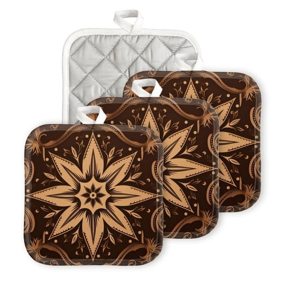 Bahomeck Pot Holder 4Pcs,Brown And Beige Star Pattern Square Heat Resistant Hot Pads For Kitchen Cooking Oven With Hanging Loop Potholder Easy To Store