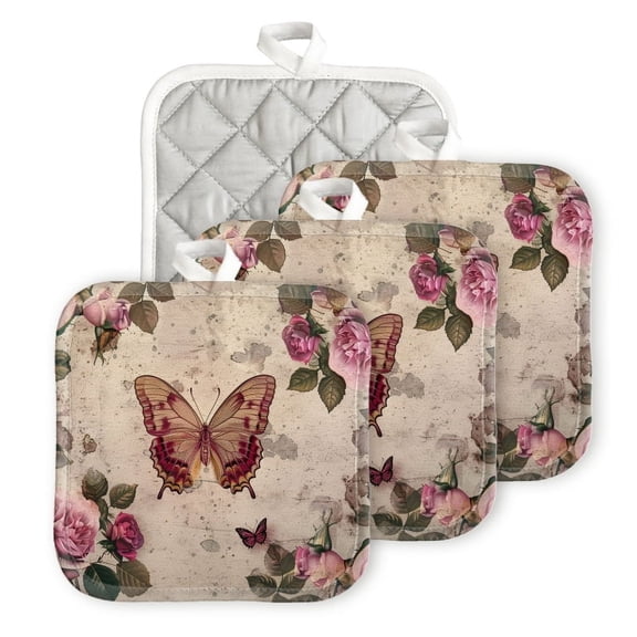 Bahomeck Pot Holder 4Pcs,Butterfly Surrounded By Pink Roses On Vintage Background Square Heat Resistant Hot Pads For Kitchen Cooking Oven With Hanging Loop Potholder Easy To Store
