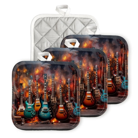 Bahomeck Pot Holder 4Pcs,Collection Of Electric Guitars In Various Colors Square Heat Resistant Hot Pads For Kitchen Cooking Oven With Hanging Loop Potholder Easy To Store