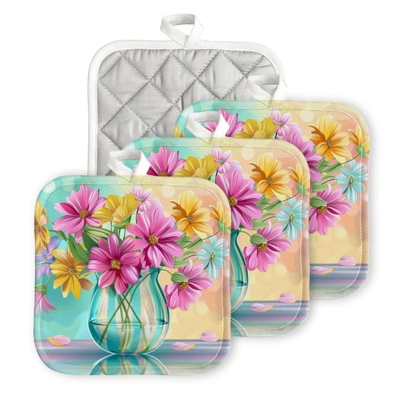 Bahomeck Pot Holder 4Pcs,Colorful Flowers In Glass Vase On Table With Blurred Background Square Heat Resistant Hot Pads For Kitchen Cooking Oven With Hanging Loop Potholder Easy To Store