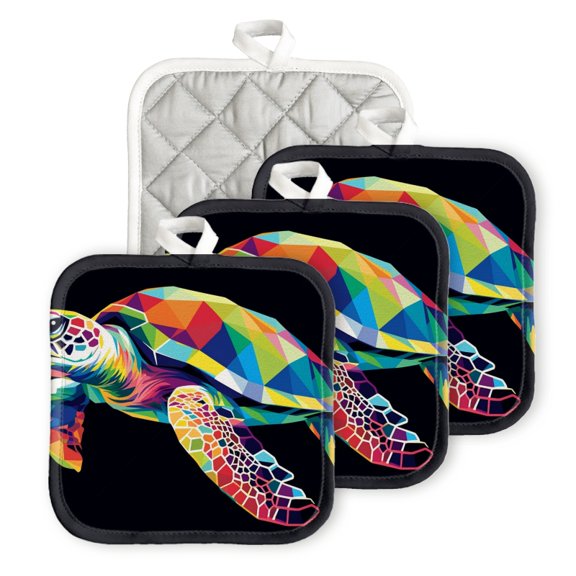 Bahomeck Pot Holder 4Pcs,Colorful Geometric Sea Turtle Vector Illustration On Black Background Square Heat Resistant Hot Pads For Kitchen Cooking Oven With Hanging Loop Potholder Easy To Store