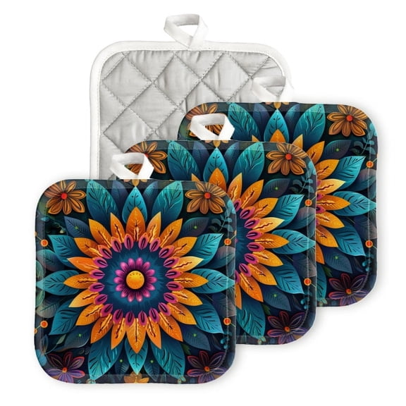 Bahomeck Pot Holder 4Pcs,Colorful Paper-Cut Style Mandala Made Of Leaves And Flowers Square Heat Resistant Hot Pads For Kitchen Cooking Oven With Hanging Loop Potholder Easy To Store