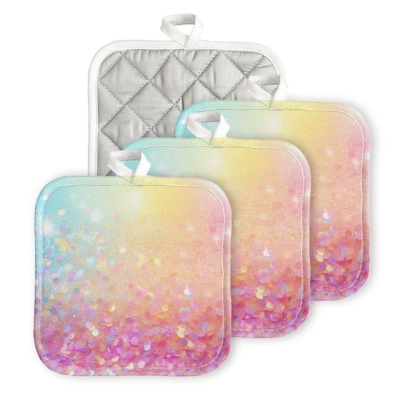 Bahomeck Pot Holder 4Pcs,Colorful Pastel Glitter Background With Bokeh And Sparkles Square Heat Resistant Hot Pads For Kitchen Cooking Oven With Hanging Loop Potholder Easy To Store