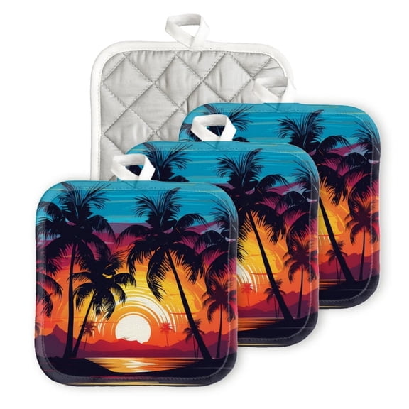 Bahomeck Pot Holder 4Pcs,Colorful Sunset With Silhouettes Of Palm Trees On The Beach Square Heat Resistant Hot Pads For Kitchen Cooking Oven With Hanging Loop Potholder Easy To Store