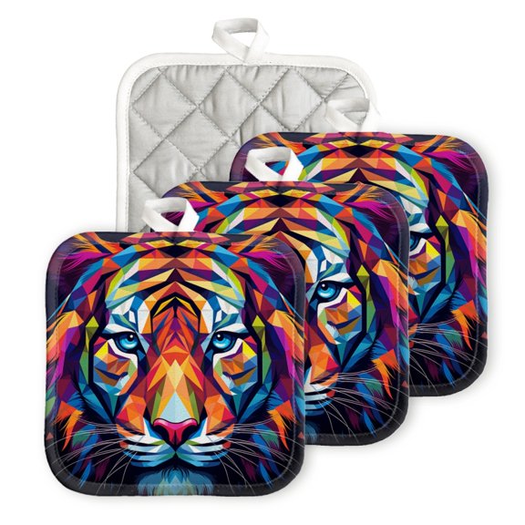 Bahomeck Pot Holder 4Pcs,Colorful Tiger Head Composed Of Geometric Shapes Square Heat Resistant Hot Pads For Kitchen Cooking Oven With Hanging Loop Potholder Easy To Store