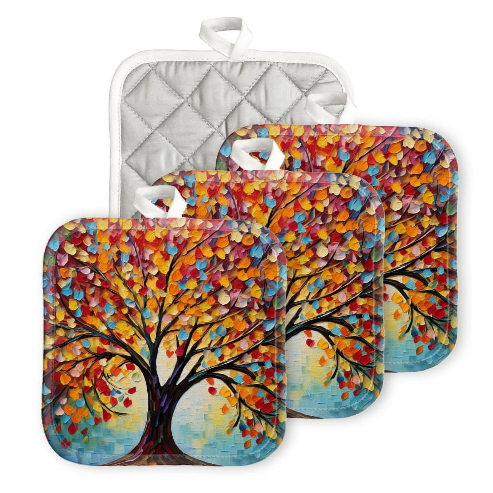 Bahomeck Pot Holder 4Pcs,Colorful Tree Of Life With Leaves Square Heat ...