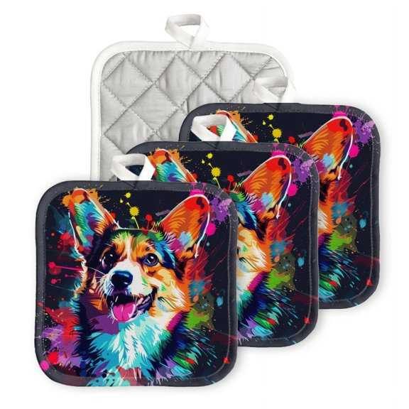 Bahomeck Pot Holder 4Pcs,Colorful Vector Illustration Of Corgi Dog On Black Background Square Heat Resistant Hot Pads For Kitchen Cooking Oven With Hanging Loop Potholder Easy To Store