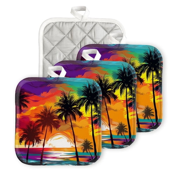 BaHomeck Pot Holders 4pcs dacron Made Square heat-resisting mat Machine Washable for Kitchen Oven Hot Pads 6.7inch*6.7inch,Colorful Vector Illustration Of Palm Tree Silhouettes On The Beach