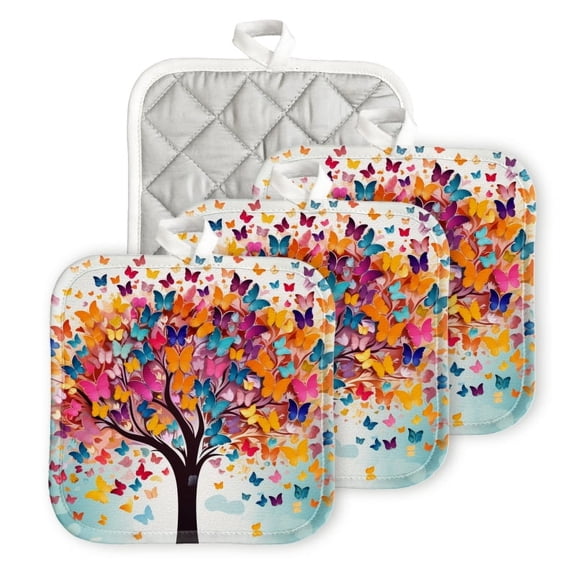 Bahomeck Pot Holder 4Pcs,Colorful Vector Illustration Of Tree With Butterflies Flying Around Square Heat Resistant Hot Pads For Kitchen Cooking Oven With Hanging Loop Potholder Easy To Store