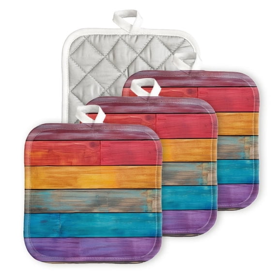 Bahomeck Pot Holder 4Pcs,Colorful Wooden Painting Square Heat Resistant Hot Pads For Kitchen Cooking Oven With Hanging Loop Potholder Easy To Store