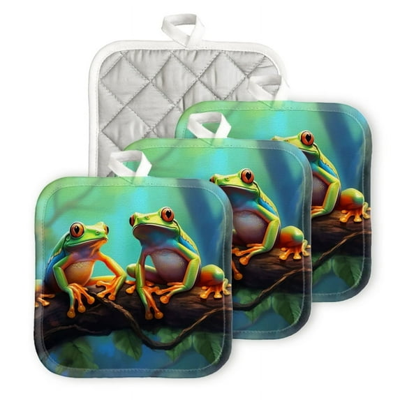 Bahomeck Pot Holder 4Pcs,Cute Cartoon Frogs Sitting On Tree Branch Square Heat Resistant Hot Pads For Kitchen Cooking Oven With Hanging Loop Potholder Easy To Store