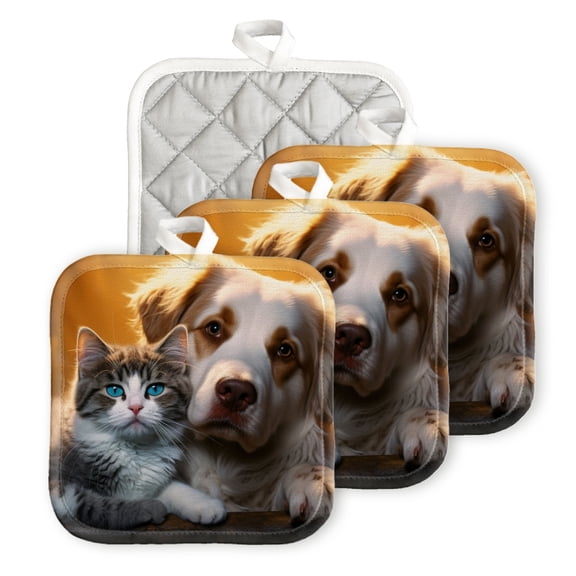 Bahomeck Pot Holder 4Pcs,Cute Cat And Dog Sitting Together On The Table Square Heat Resistant Hot Pads For Kitchen Cooking Oven With Hanging Loop Potholder Easy To Store