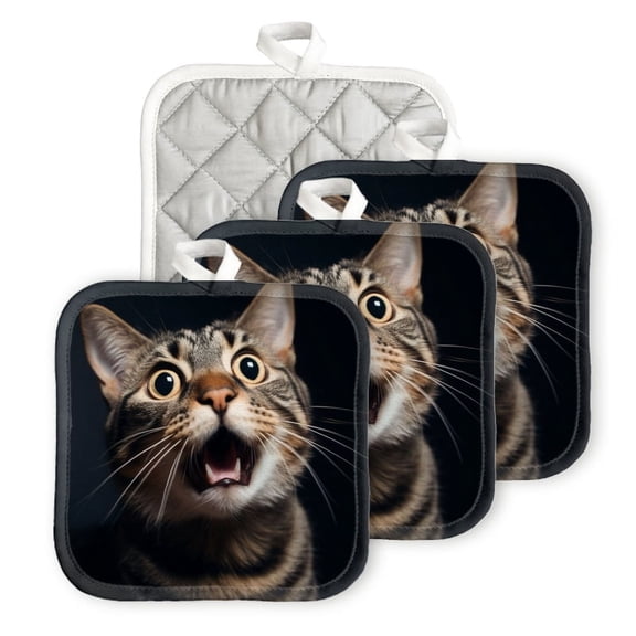 BaHomeck Pot Holders 4pcs dacron Made Square heat-resisting mat Machine Washable for Kitchen Oven Hot Pads 6.7inch*6.7inch,Cute Cat With Open Mouth And Surprised Expression