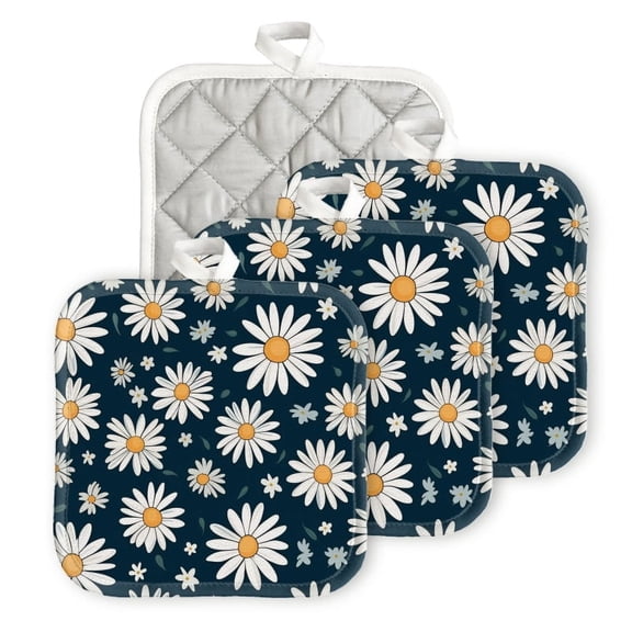 Bahomeck Pot Holder 4Pcs,Cute Daisy Pattern Simple Flat Illustration With Vector Art Style Square Heat Resistant Hot Pads For Kitchen Cooking Oven With Hanging Loop Potholder Easy To Store