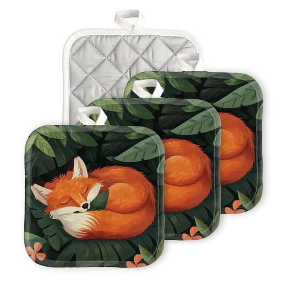 Bahomeck Pot Holder 4Pcs,Cute Red Fox Sleeping In The Forest Square Heat Resistant Hot Pads For Kitchen Cooking Oven With Hanging Loop Potholder Easy To Store