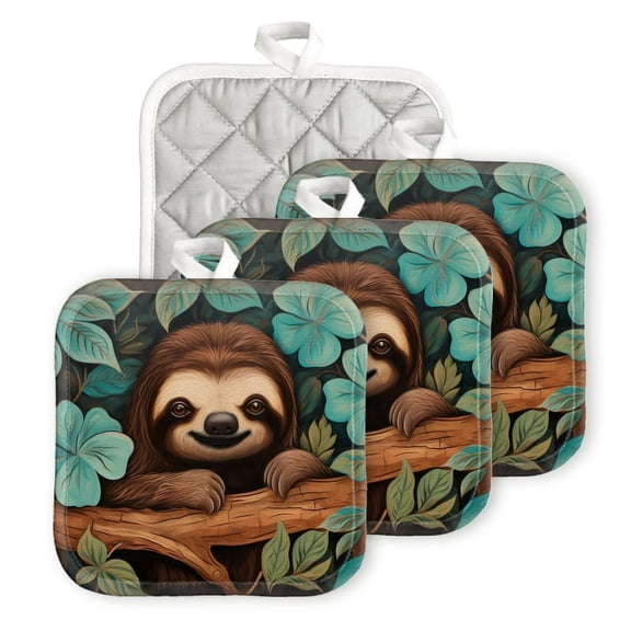 Bahomeck Pot Holder 4Pcs,Cute Sloth Smiling In The Jungle Surrounded By Blue Flowers Square Heat Resistant Hot Pads For Kitchen Cooking Oven With Hanging Loop Potholder Easy To Store