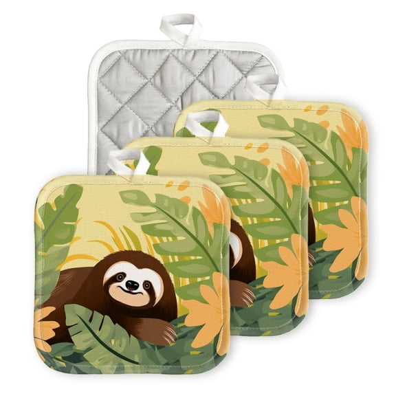BaHomeck Pot Holders 4pcs dacron Made Square heat-resisting mat Machine Washable for Kitchen Oven Hot Pads 6.7inch*6.7inch,Cute Sloth Surrounded By Green Leaves