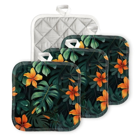 Bahomeck Pot Holder 4Pcs,Dark Green Leaves And Vibrant Orange Flower Square Heat Resistant Hot Pads For Kitchen Cooking Oven With Hanging Loop Potholder Easy To Store