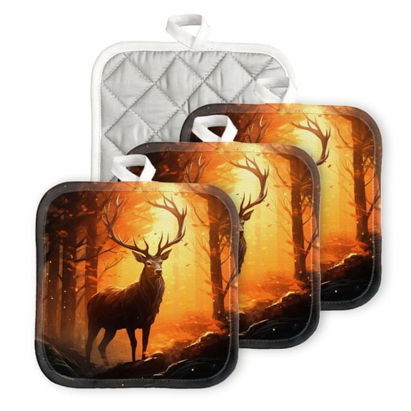 Bahomeck Pot Holder 4Pcs,Deer With Antlers Standing In The Forest With Glowing Orange Light Square Heat Resistant Hot Pads For Kitchen Cooking Oven With Hanging Loop Potholder Easy To Store