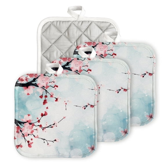 Bahomeck Pot Holder 4Pcs,Delicate Cherry Blossom Pattern Square Heat Resistant Hot Pads For Kitchen Cooking Oven With Hanging Loop Potholder Easy To Store